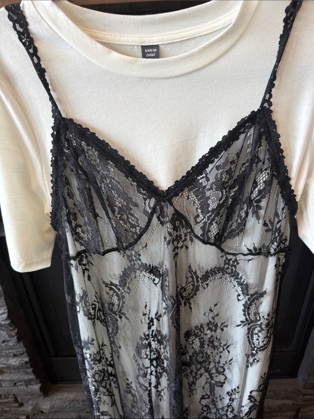 Black Lace Slip Dress Layered Over Cream Tee — Women Intimates & Sleepwear - Picture 3 of 4